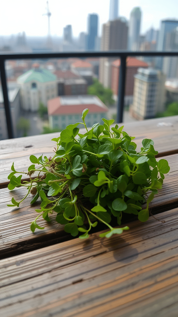 A bunch of chickweed on a wooden table with a city skyline in the background.