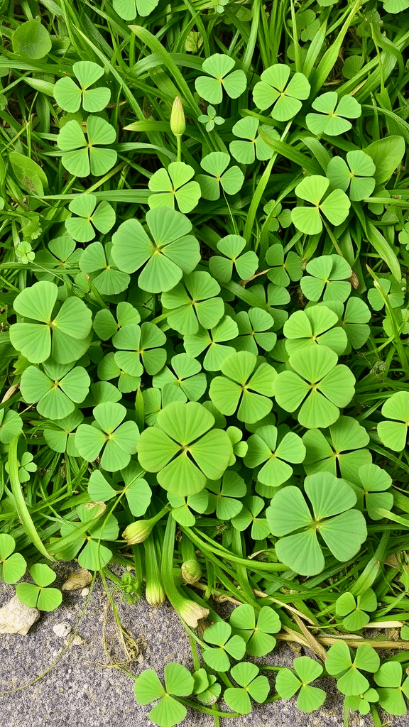 A lush patch of clover plants in green grass.