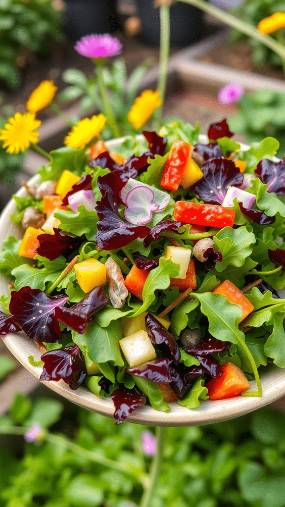 A colorful salad featuring various greens, peppers, and flowers