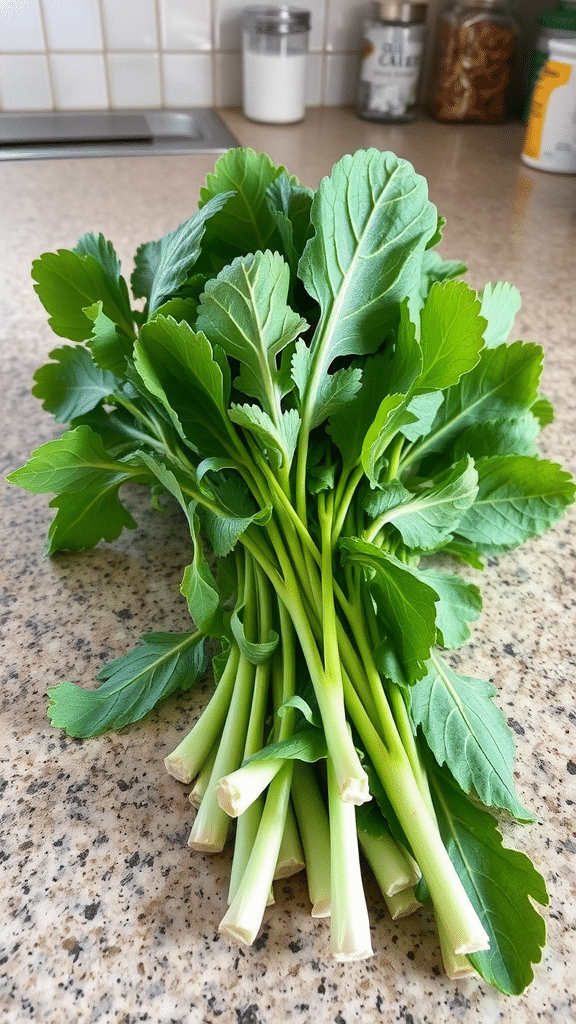 A bunch of fresh lamb's quarters leaves on a wooden bench.