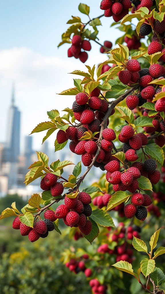 A close-up of vibrant red and black mulberries on a branch with a city skyline in the background.