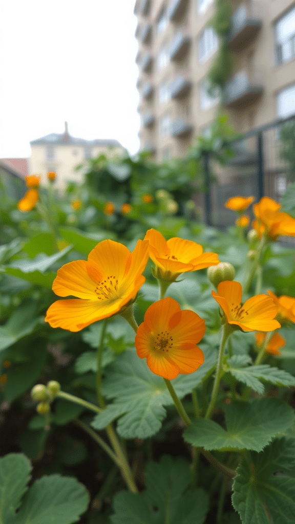 Bright orange nasturtium flowers blooming in a garden