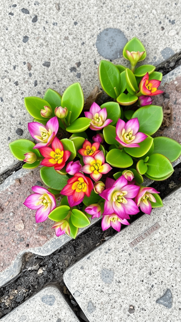 Colorful purslane plants with pink and orange flowers growing between pavement stones.