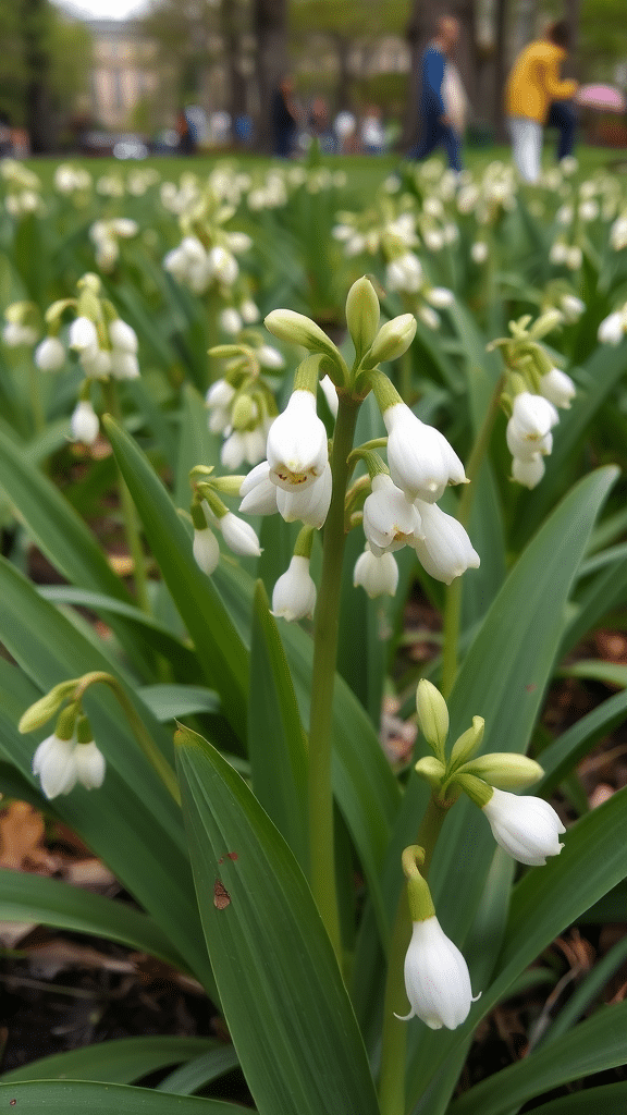 A field of wild garlic with white flowers and green leaves.